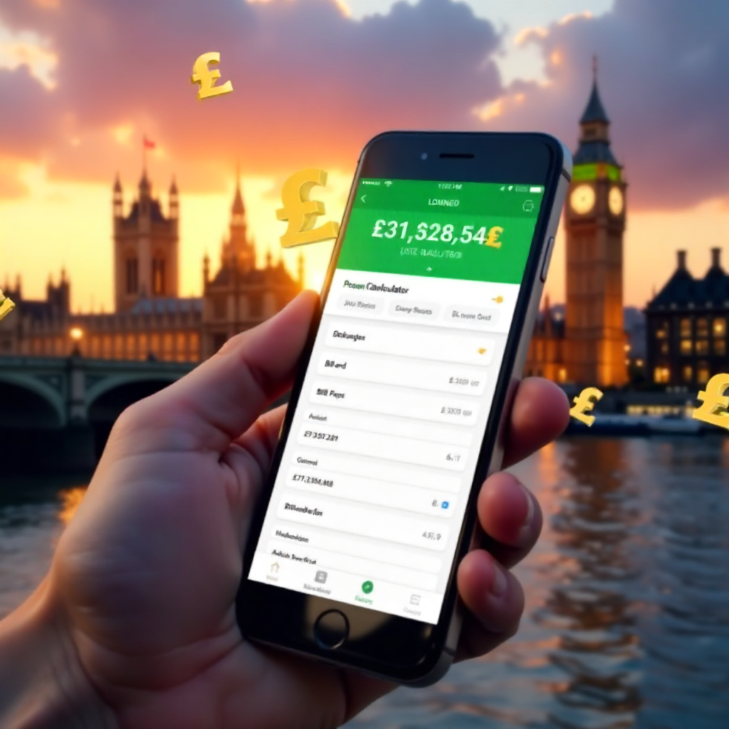 A hand holding a high-end smartphone displaying a professional Single Bet Calculator app with a clean white and emerald green interface, background is the London skyline with the Big Ben and Westminster Bridge at sunset, 3D golden British Pound symbols (£